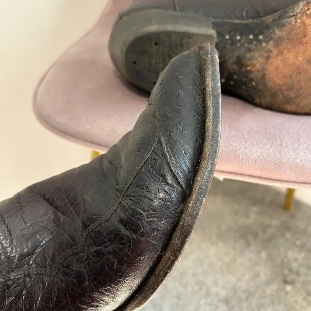 Vintage Men's Tony Lama Black Ostrich Leg Cowboy Boots J-Toe Size 9 Black Red